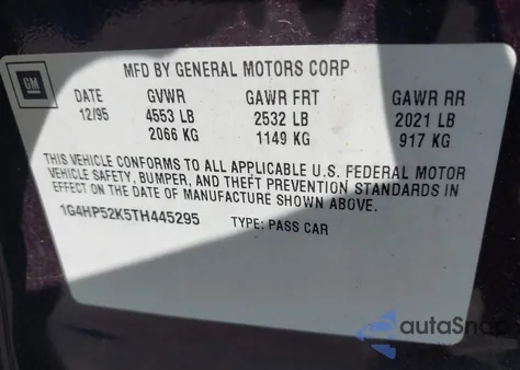 1996 Buick Lesabre Custom z USA, uszkodzony, nr VIN 1G4HP52K5TH445295